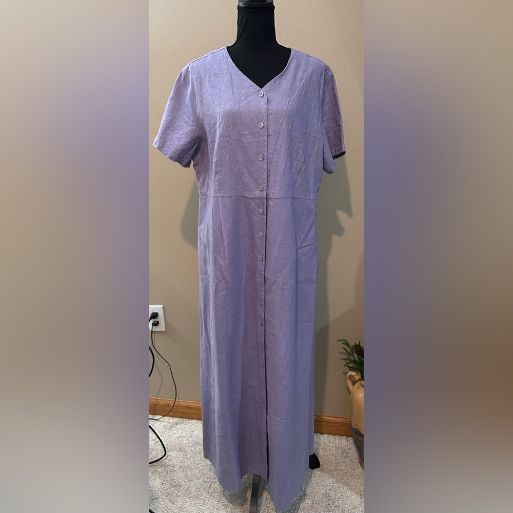 Eddie Bauer 100% Linen Short Sleeve Maxi Dress Embroidered size XL
